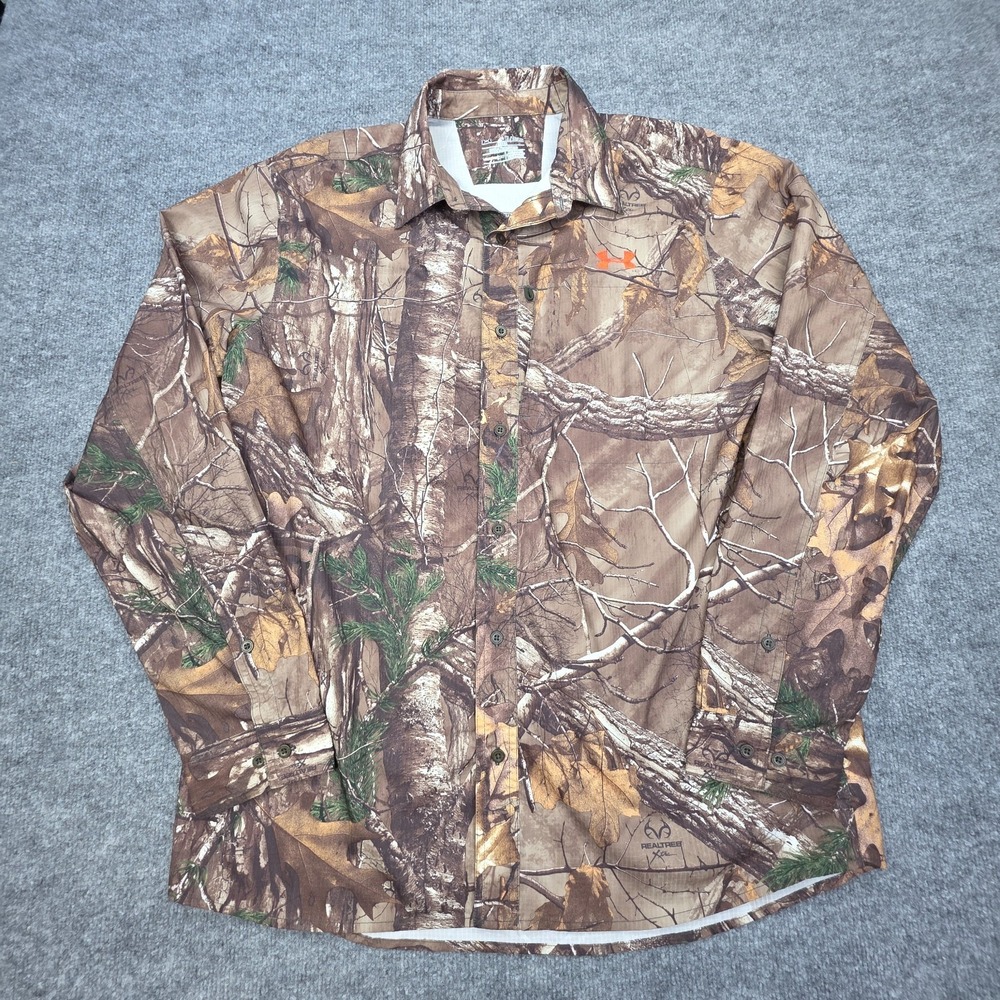 Under Armour Shirt Button Down Men's Size XL Loose REAL TREE Xtra Camo Hunting